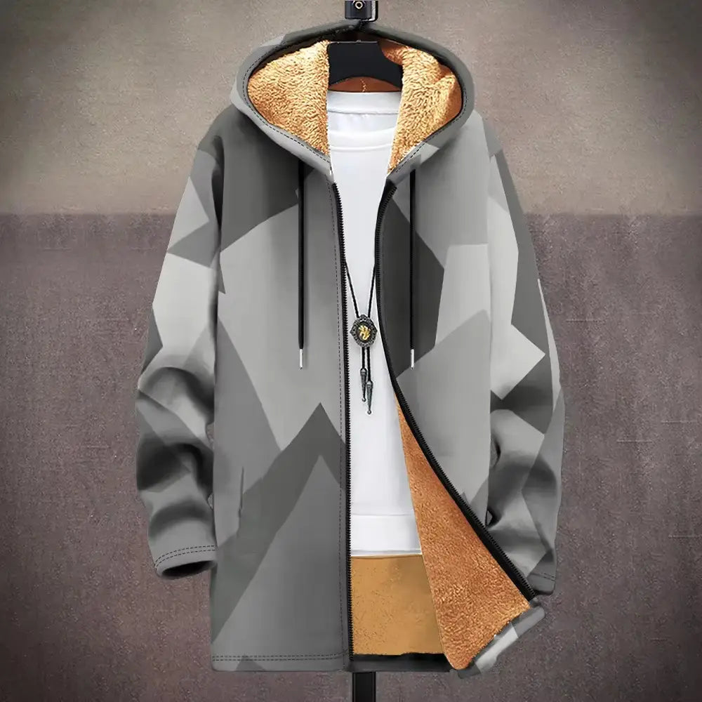 Gray geometric-patterned fleece hooded trench coat with plush tan fleece lining and black drawstrings.