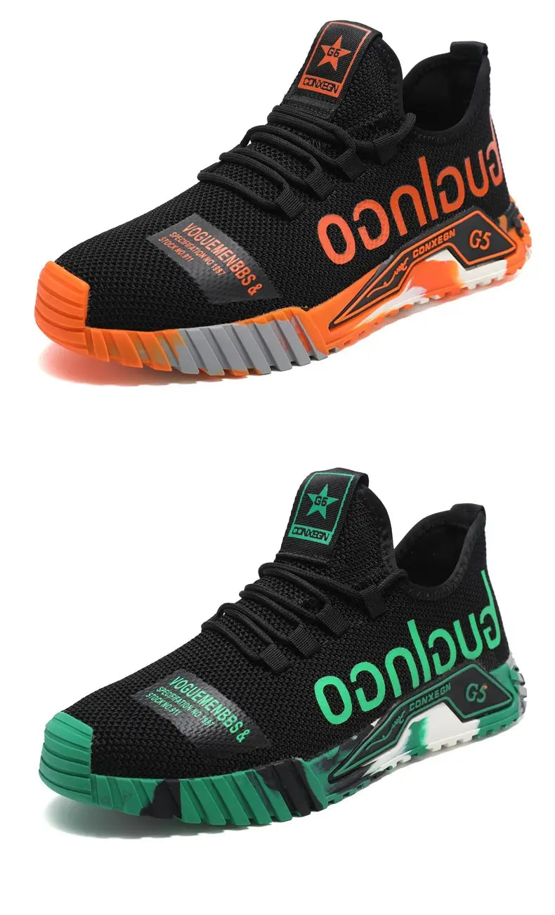 black mesh casual sneakers guglingo g5 with vibrant orange and green accents and bold lettering on the side designed for lightweight comfort