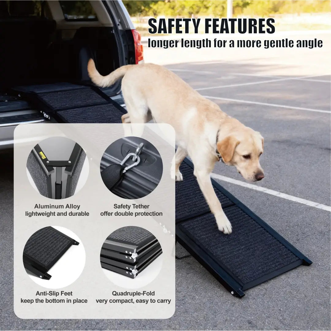 Rampe portative noire en alliage d’aluminium pour chien, surface texturée antidérapante et attache de sécurité, pour voiture, SUV et camion, supportant jusqu’à 113 kg (250 lb)