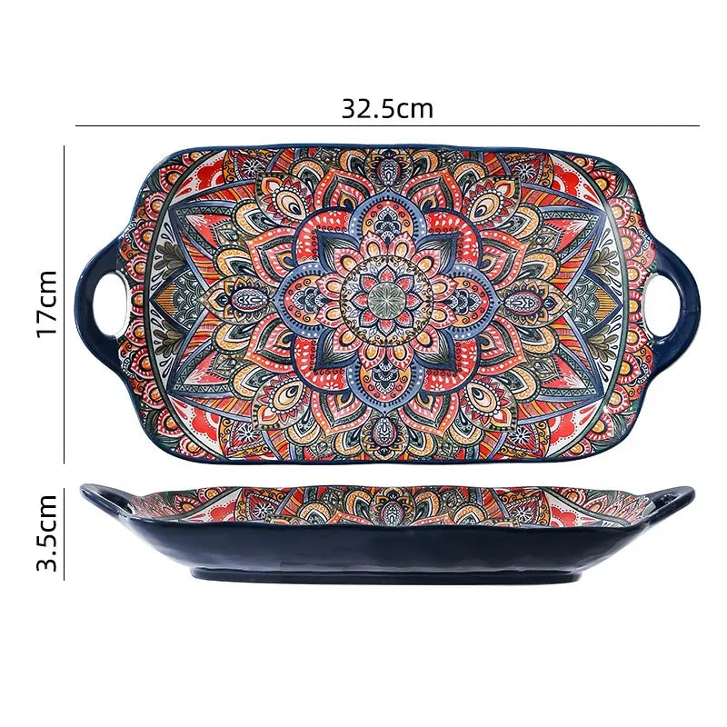 Vibrant hand-painted ceramic mandala serving bowl 400ml featuring intricate red orange and blue design with two dark blue handles.