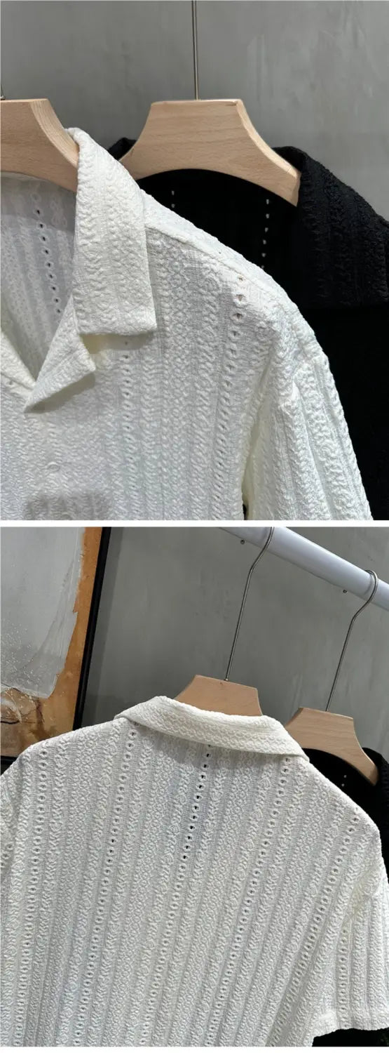 Men Cuban collar short sleeve shirt in white textured knit fabric with a subtle eyelet pattern and a classic collar.