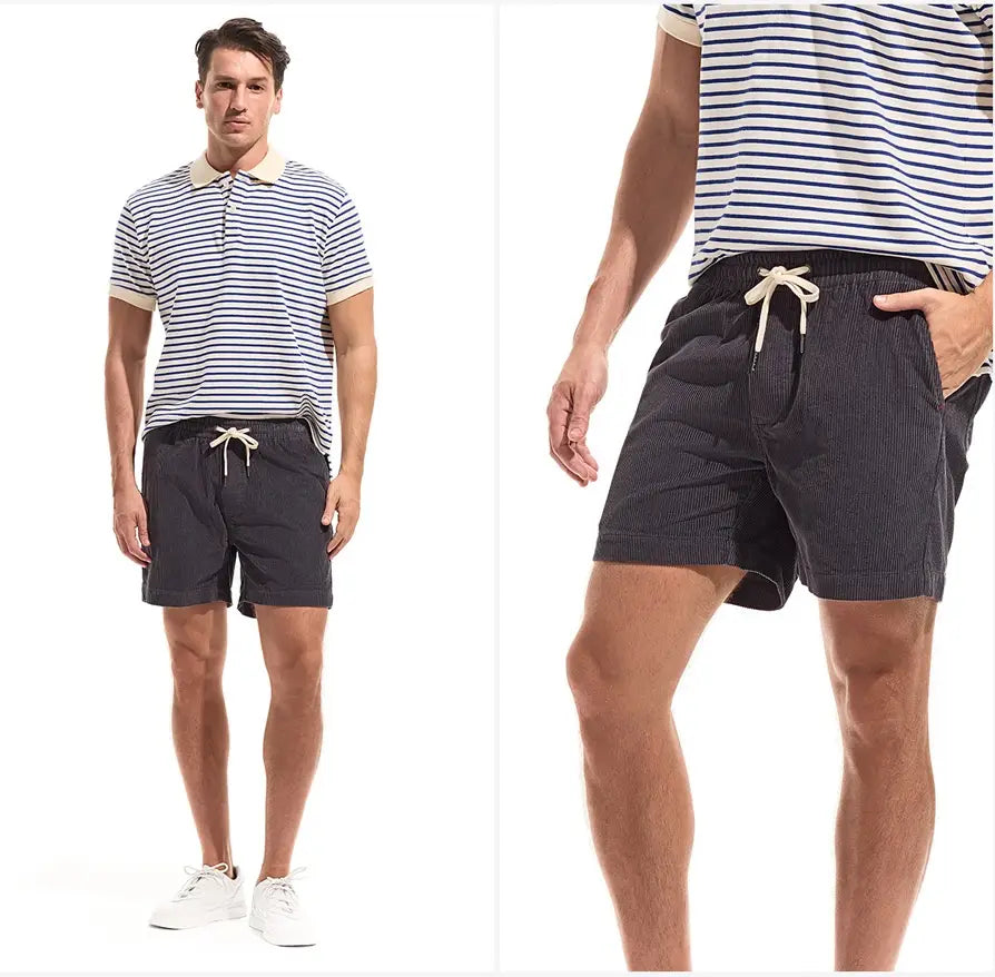 Men cotton corduroy shorts in dark gray with a white drawstring waistband designed for casual summer wear.