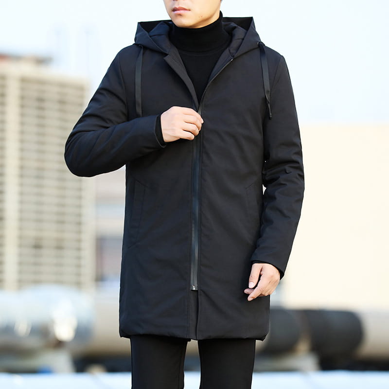 Men thick hooded winter jacket in black features a sleek modern design with subtle zipper detailing for cold weather use.