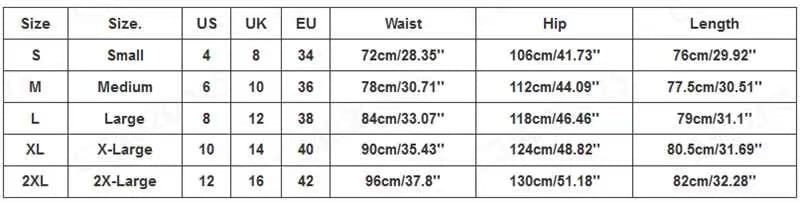 Tableau des tailles indiquant les mesures en pouces et en centimètres pour les pantalons capri cargos taille haute pour femmes, pantalons décontractés, du S au 2XL.