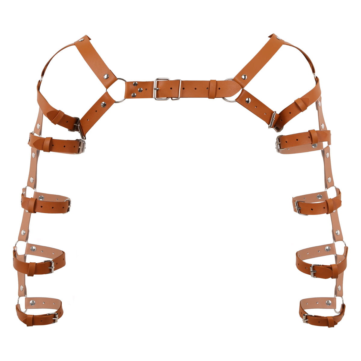 Men’s leather chest harness in tan leather with multiple adjustable straps and silver-toned metal buckles.