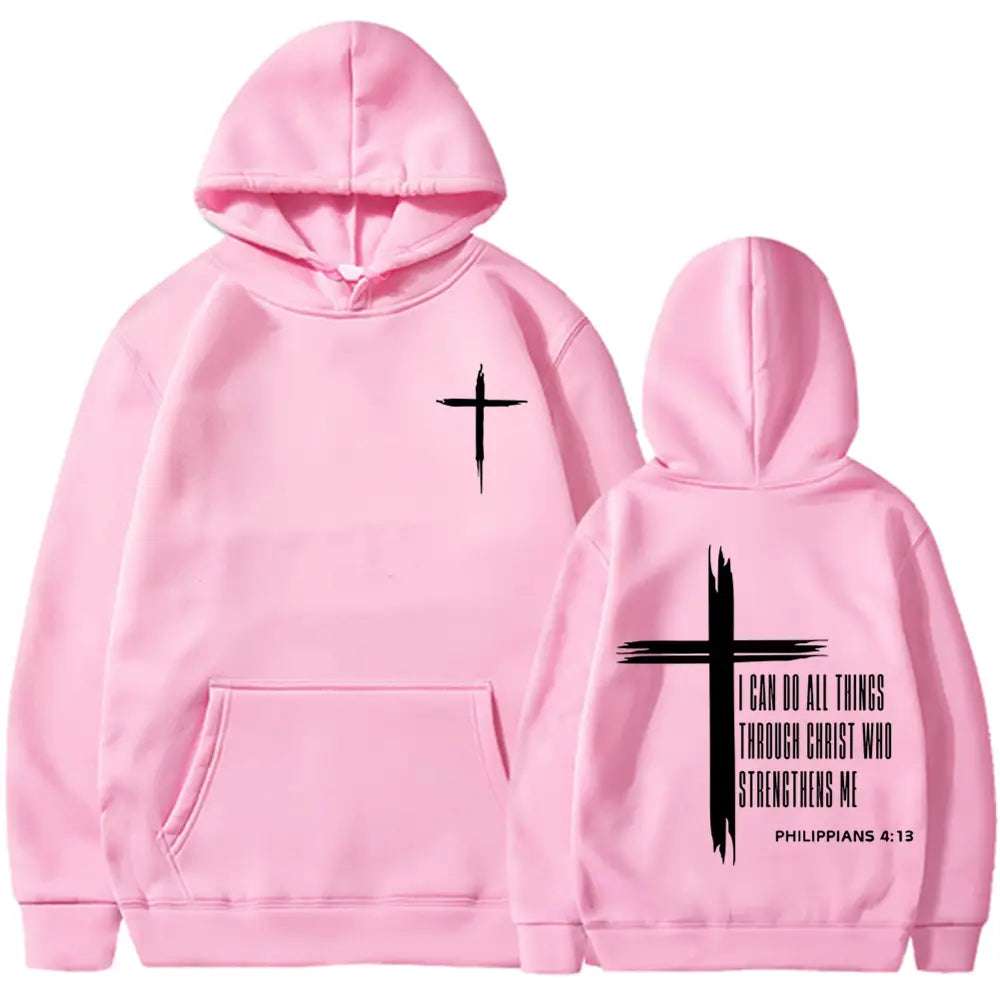 Sweat à capuche de type pullover pour homme rose, avec un visuel de croix noire et une impression graphique du verset biblique « Philippiens 4 13 ».