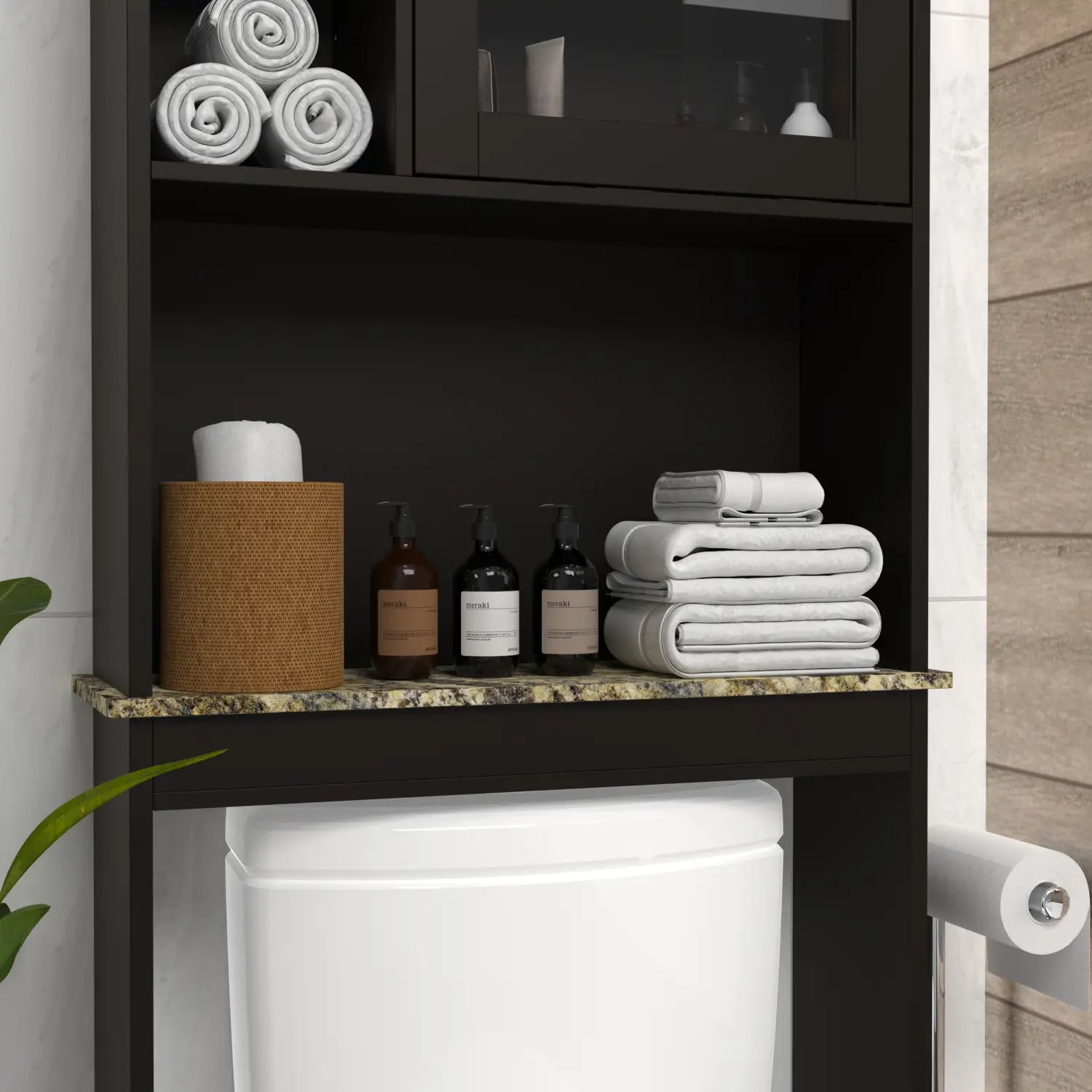 Black bathroom cabinet with granite countertop and glass-front upper shelf designed as an espresso over the toilet wood storage cabinet.