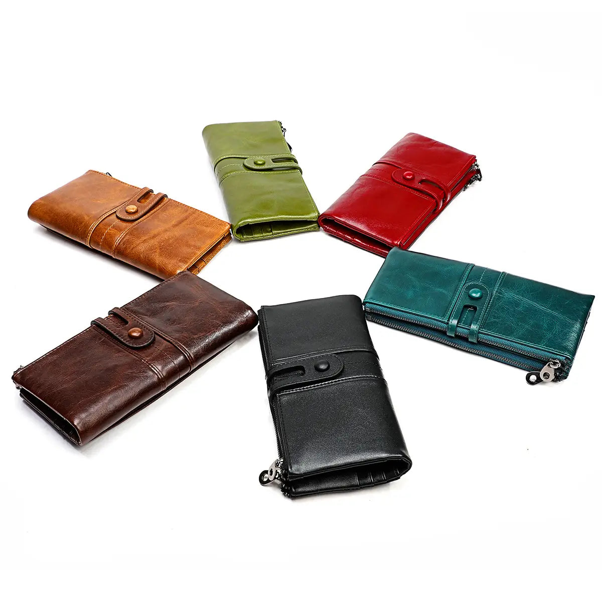 A collection of six first layer cowhide leather zipper tri fold wallets in brown olive green red dark teal and black colors.