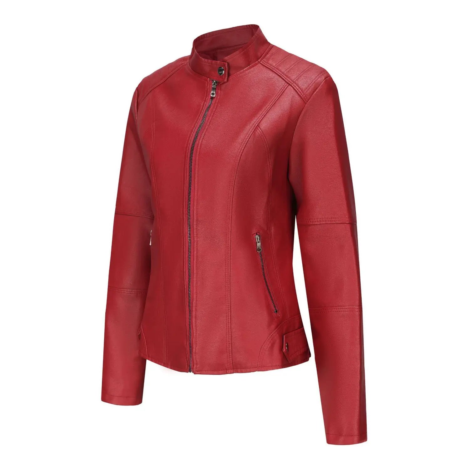 Veste motard en faux cuir rouge avec col montant et poches zippées, vue de face.