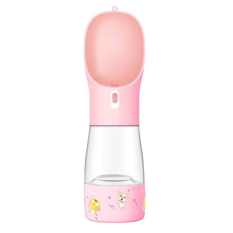 Gourde pour animaux domestiques rose et transparente avec des adorables autocollants d’animaux en dessin animé sur la base, conçue comme une gamelle de voyage portable pour chiens, capacité 458 ml