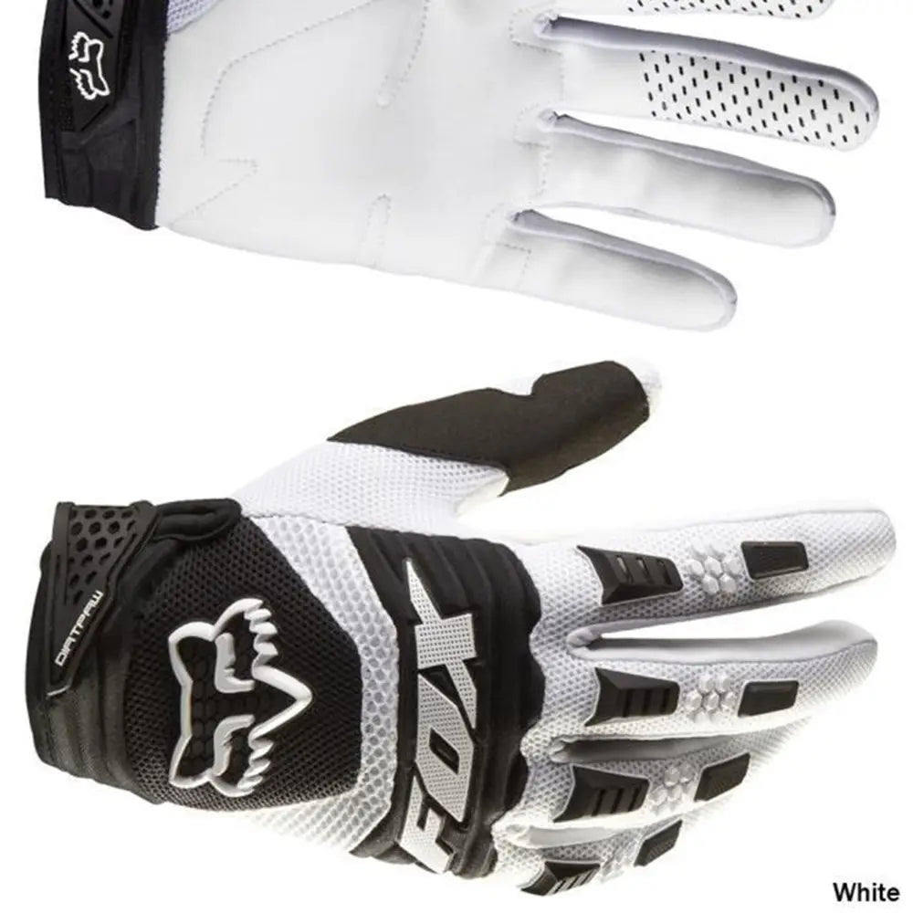 White and black Fox Racing motorcycle gloves with breathable mesh panels, reinforced grip zones, and a bold Fox logo on the back side designed for motocross protection.