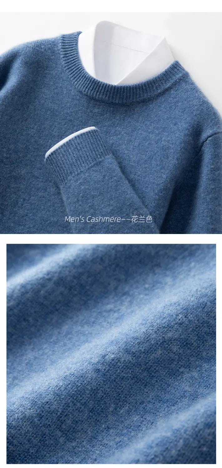 Ein Herren-Einfarb-Strickpullover mit Slim Fit aus weichem, meliertem Blaukaschmir mit gerippten Bündchen und Halsausschnitt.