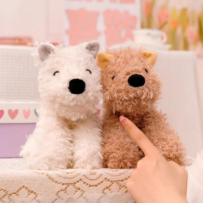 Soft white and brown plush polar bear and fox stuffed animals with black button noses from the plush dog and teddy bear stuffed animal toy collection measuring 23 to 40 centimeters.
