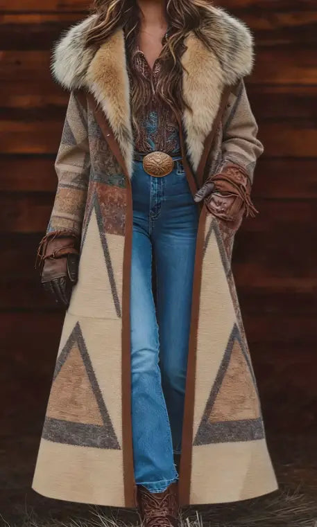 Beige-brauner Damen- Wollmantel mit geometrischem Muster und kuscheligem Pelzkragen ist für stilvolle Kleidung bei kaltem Wetter konzipiert.