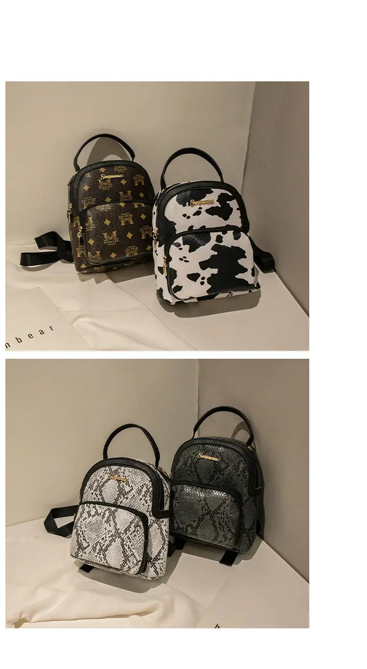 mini backpack cow and snake print korean style featuring black and white cow print with faux leather straps