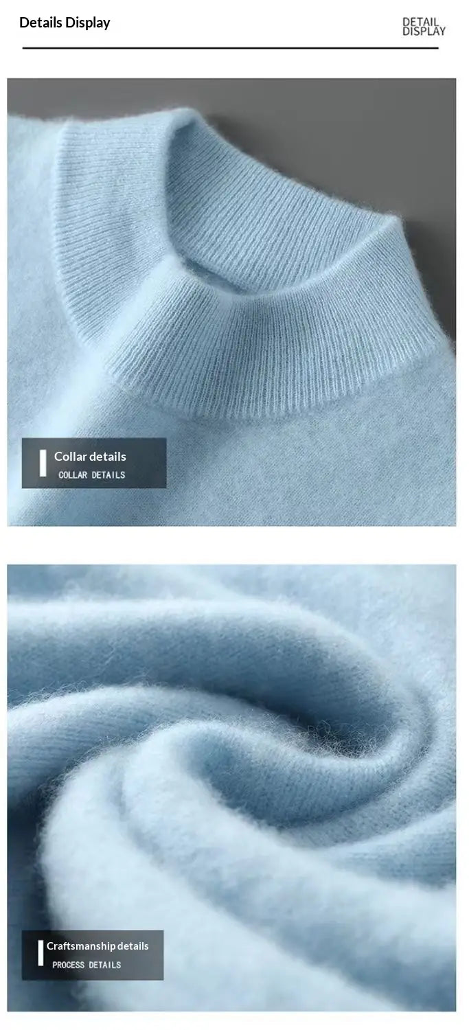 Hellblauer Herren-Halbkragenpullover aus softem Strickmaterial mit geripptem Kragen und feiner Struktur.