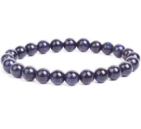 A sleek, dark blue unisex 8mm polished agate and amethyst stretch bracelet composed of uniformly sized spherical beads with a subtle glittery texture.