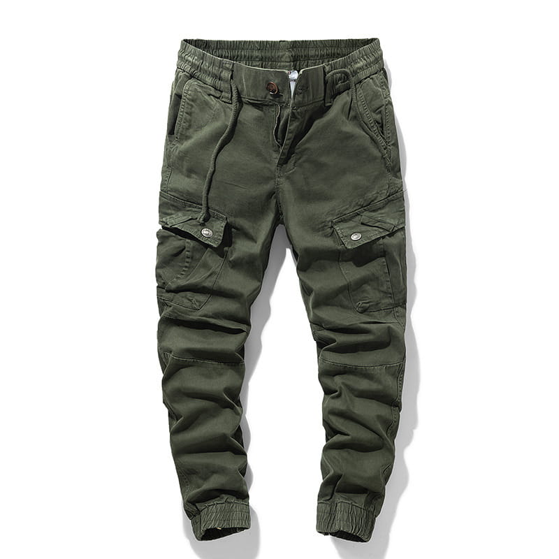 Olive green Japanese retro multipocket casual cargo trousers featuring multiple pockets and elastic cuffs.