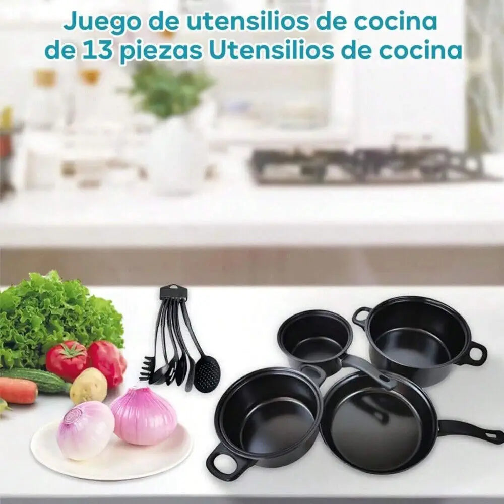 Black non-stick 13 piece cookware set with glass lids featuring matching pots, pans, and spoons designed for versatile kitchen use.