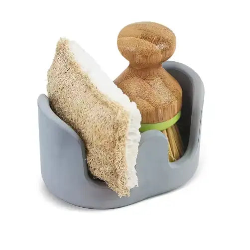 Gray silicone dish scrubber and brush holder with bamboo handle in a Diatom mud sponge rack kitchen sink caddy organizer.