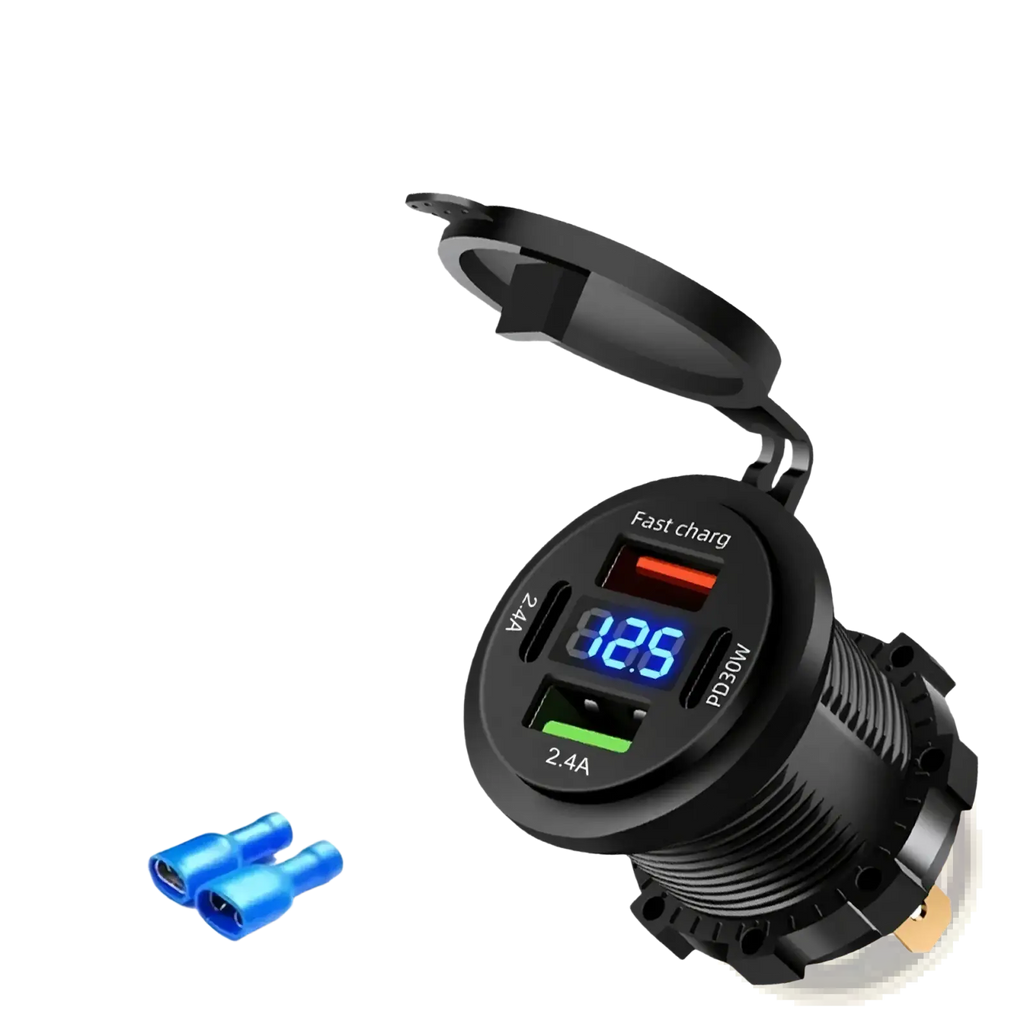 Black circular 60w fast charger with two usb ports red and green and digital screen for pd3.0 and qc3.0 charging