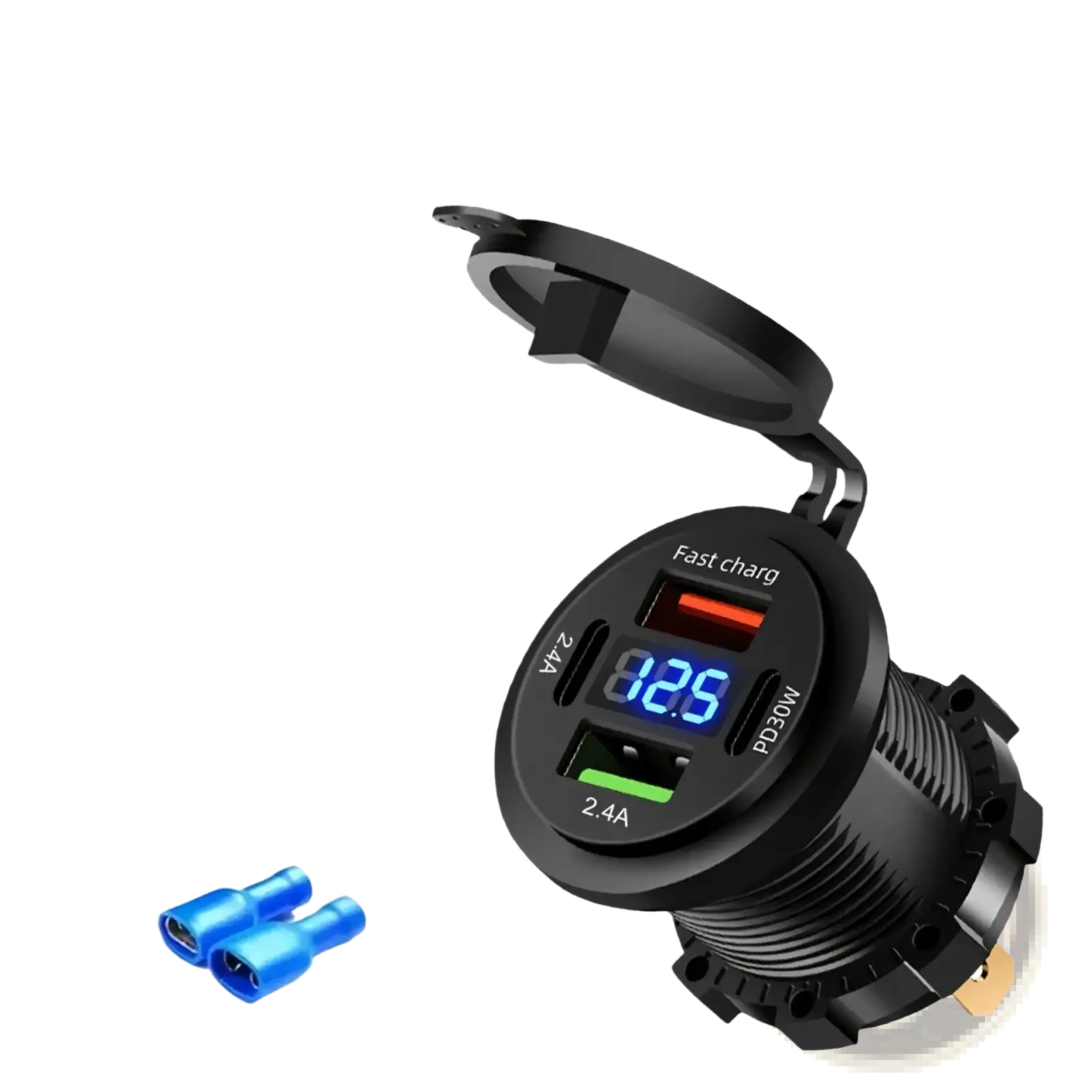 Black circular 60w fast charger with two usb ports red and green and digital screen for pd3.0 and qc3.0 charging