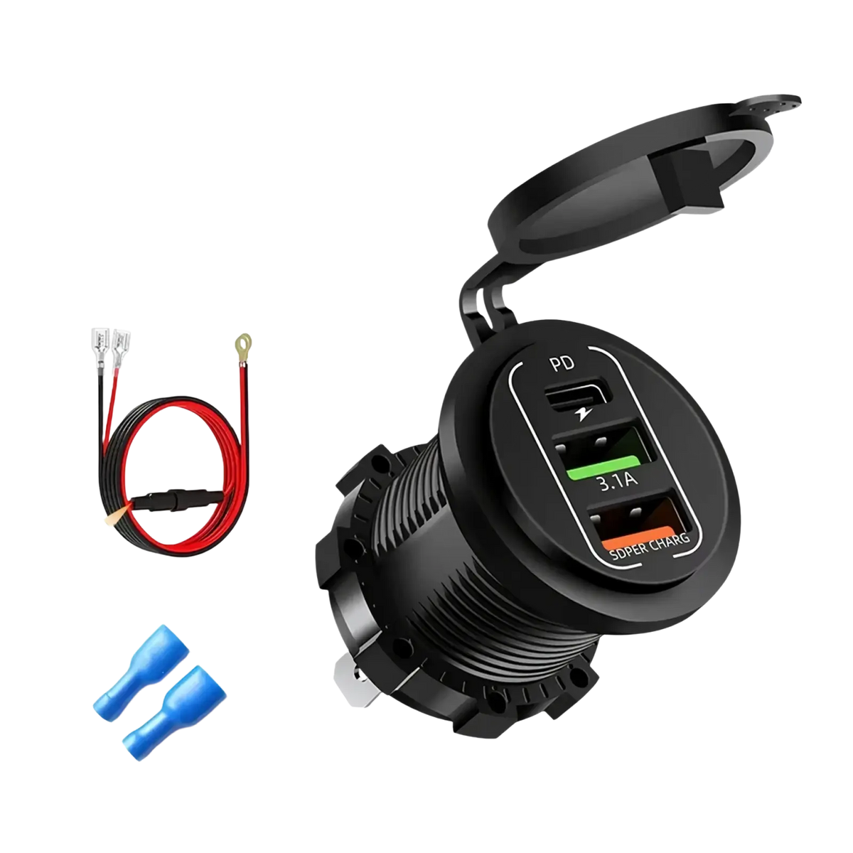 Black 96w 4-port usb car charger socket with voltmeter and hinged cover featuring triple-port pd qc type c charger with wiring kit