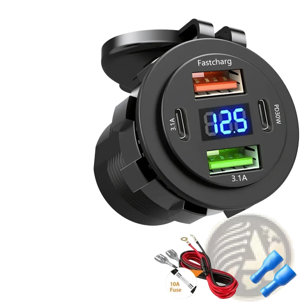 Black circular 96w 12-24v 4-port usb car charger socket with voltmeter and digital display showing 8.25 volts for fast charging