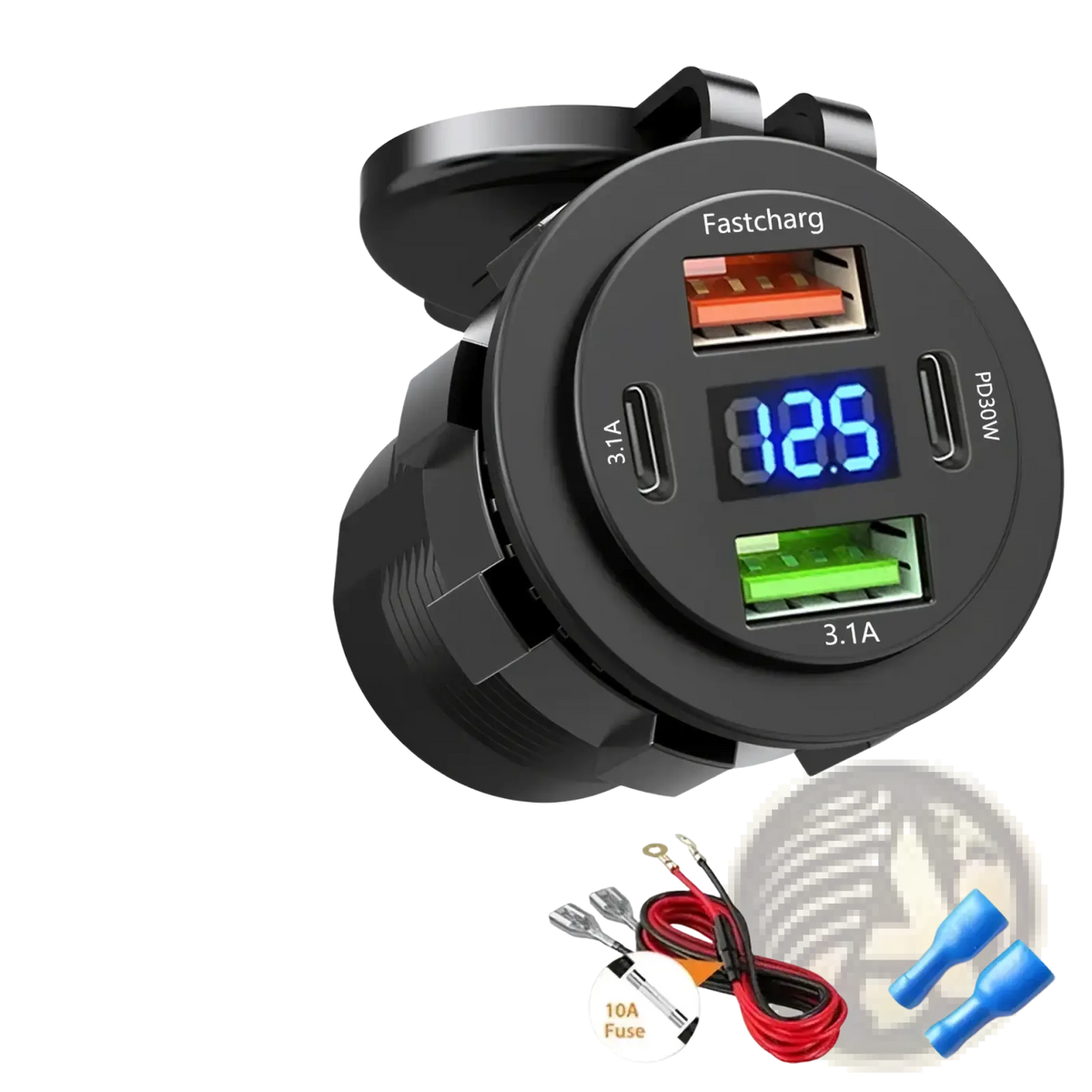 Black circular 96w 12-24v 4-port usb car charger socket with voltmeter and digital display showing 8.25 volts for fast charging
