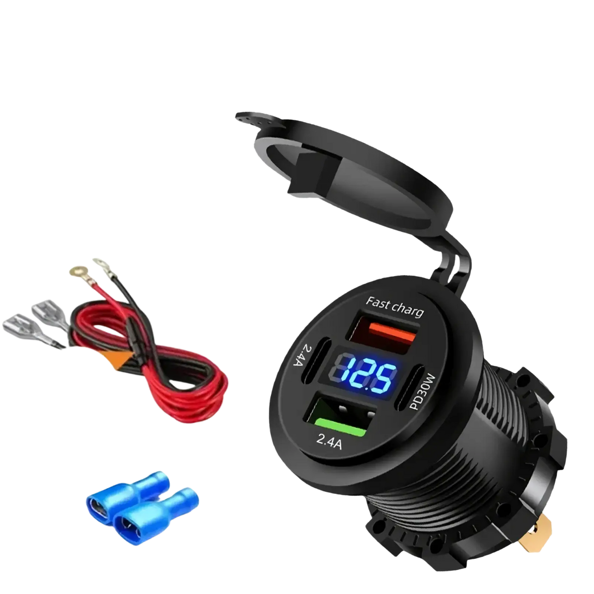 Black circular 96w 4-port usb car charger socket with voltmeter featuring pd3.0 and qc3.0 usb ports and digital voltage display