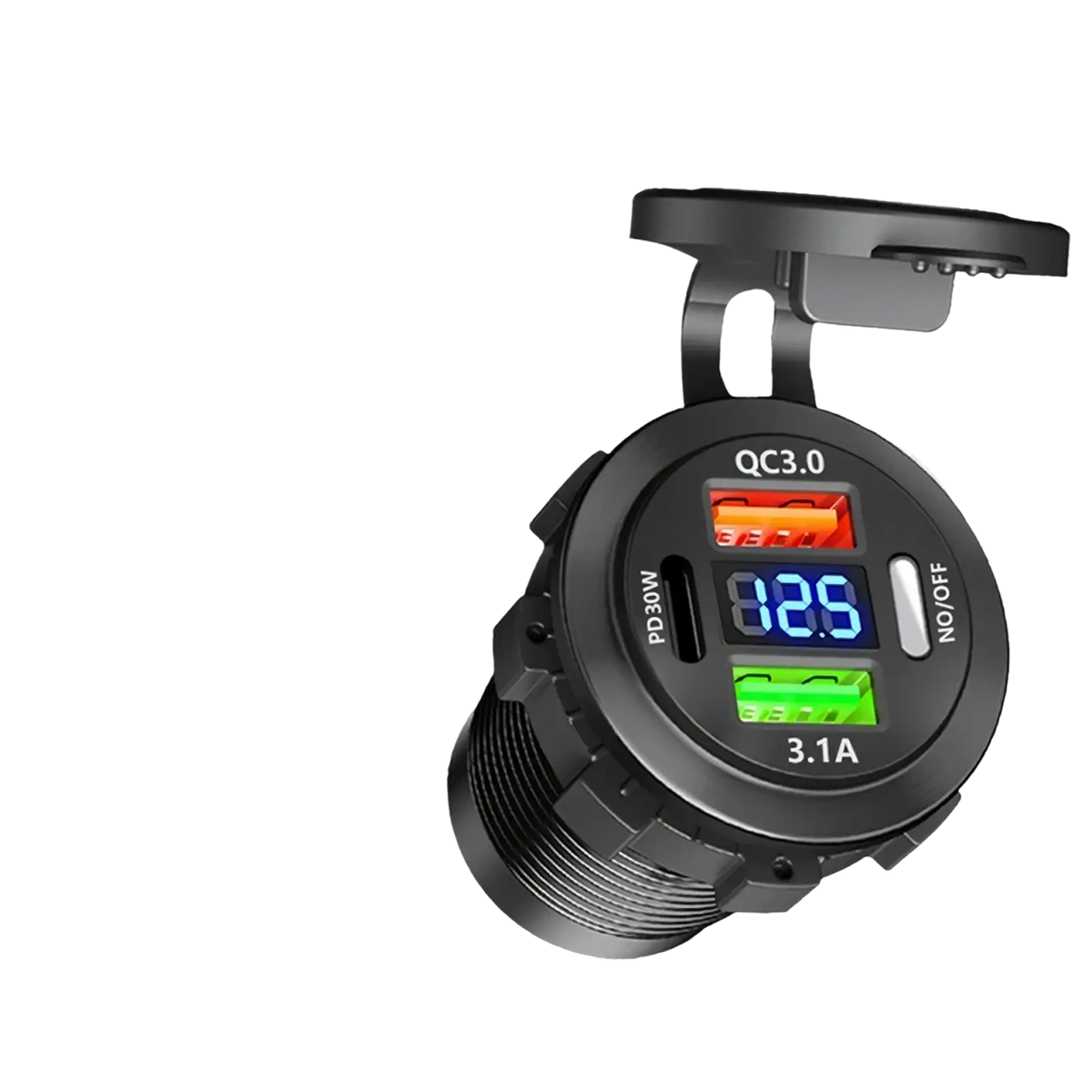 Black circular 96w 4-port usb car charger socket with voltmeter featuring three usb ports including quick charge and pd30w