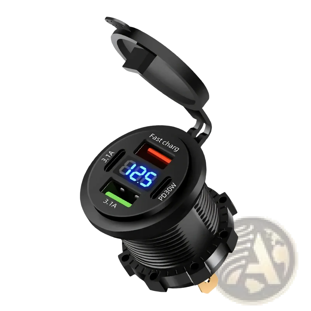 Black 96w 4-port usb car charger socket with voltmeter digital display shows 12.5 volts fast charge pd30w ports