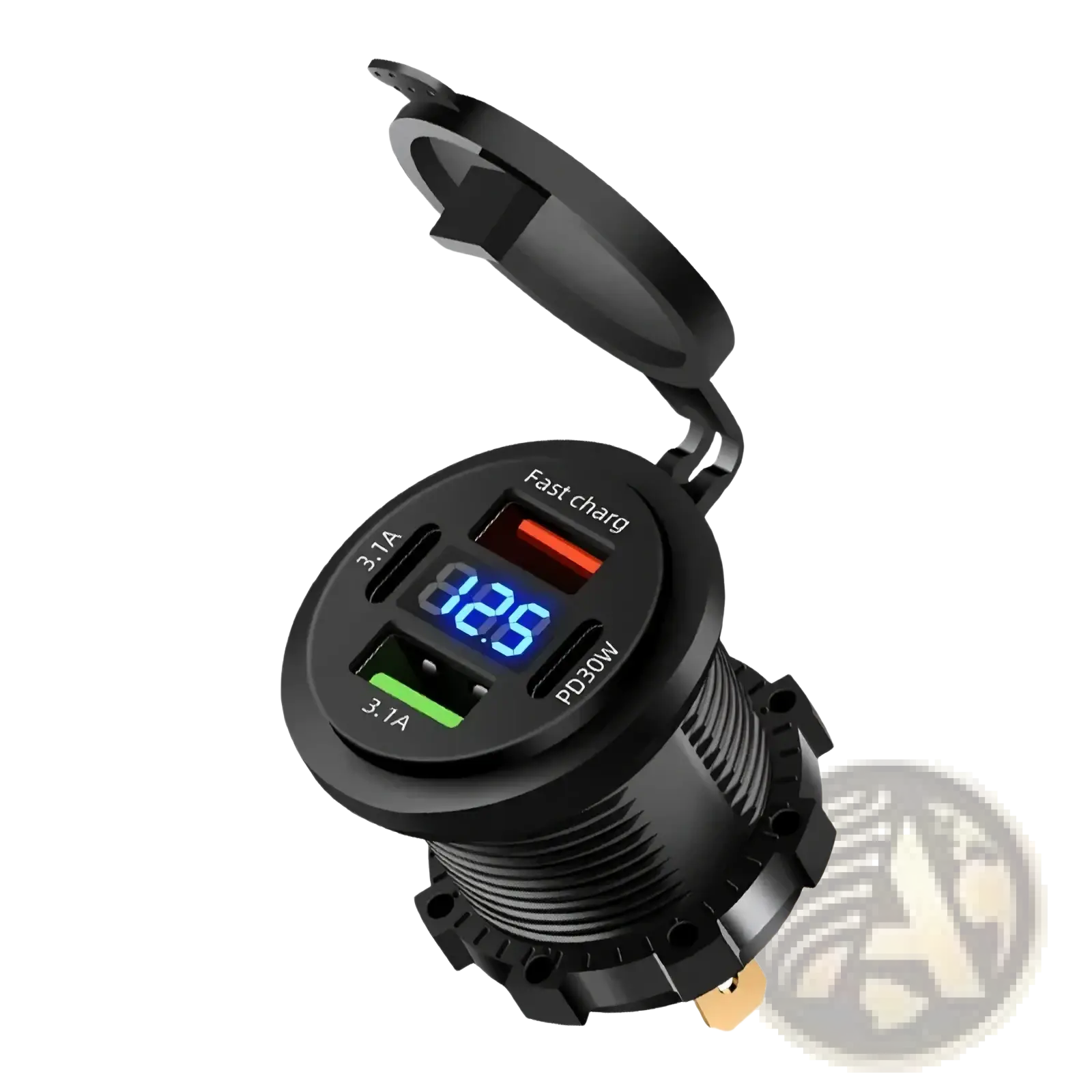Black 96w 4-port usb car charger socket with voltmeter digital display shows 12.5 volts fast charge pd30w ports