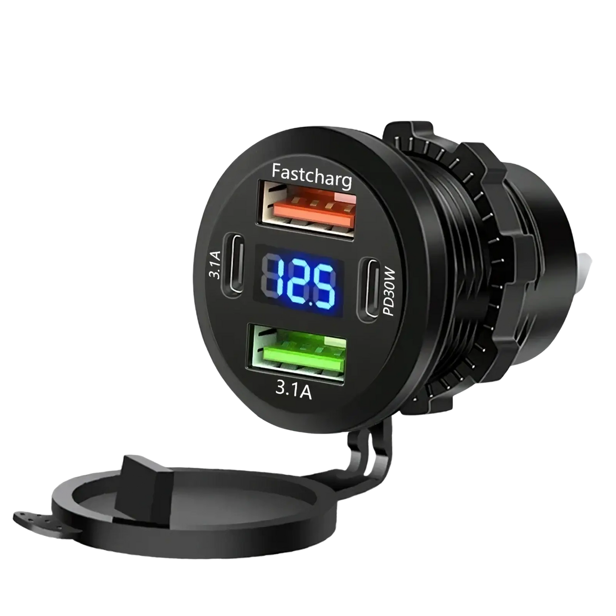 Black circular 96w 4-port usb car charger socket with voltmeter featuring fastcharge pd30w and 3.1a output ports