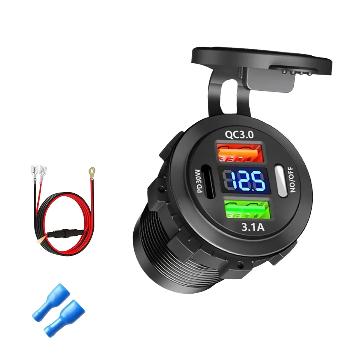 Black circular 96w 4-port usb car charger socket with pd 30w usb-c, qc3.0 and 3.1a usb-a ports and digital voltmeter display