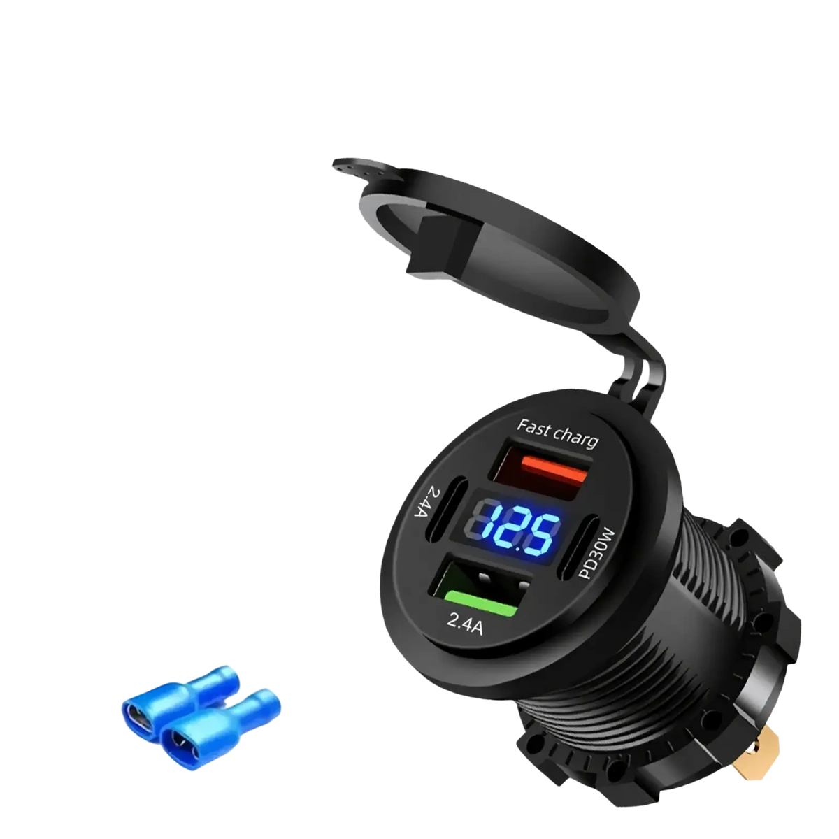 Black circular 60w fast charger with two usb ports red and green and digital screen for pd3.0 and qc3.0 charging