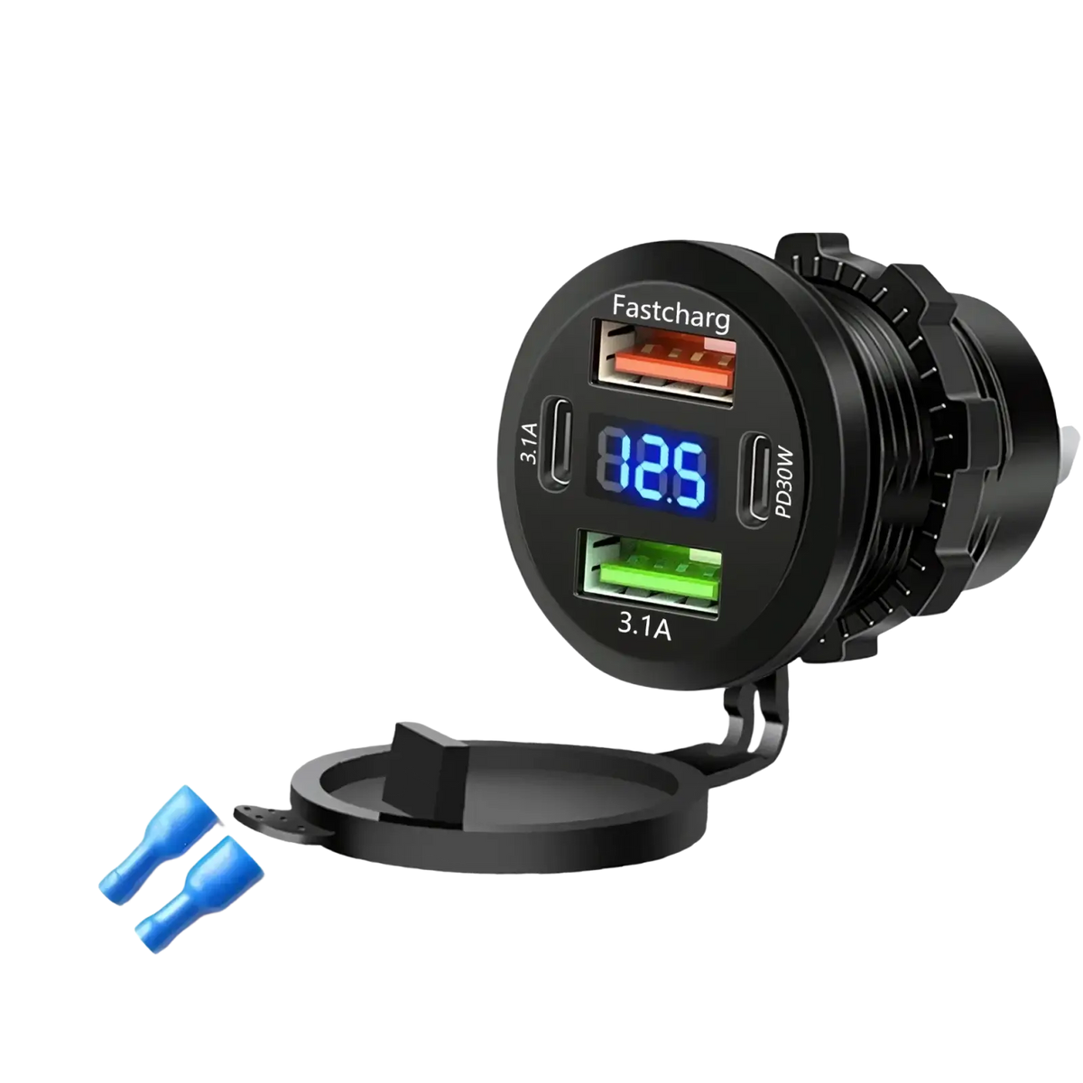 Black circular 96w 4-port usb car charger socket with digital voltmeter displaying 125 featuring two type-c and two usb-a ports
