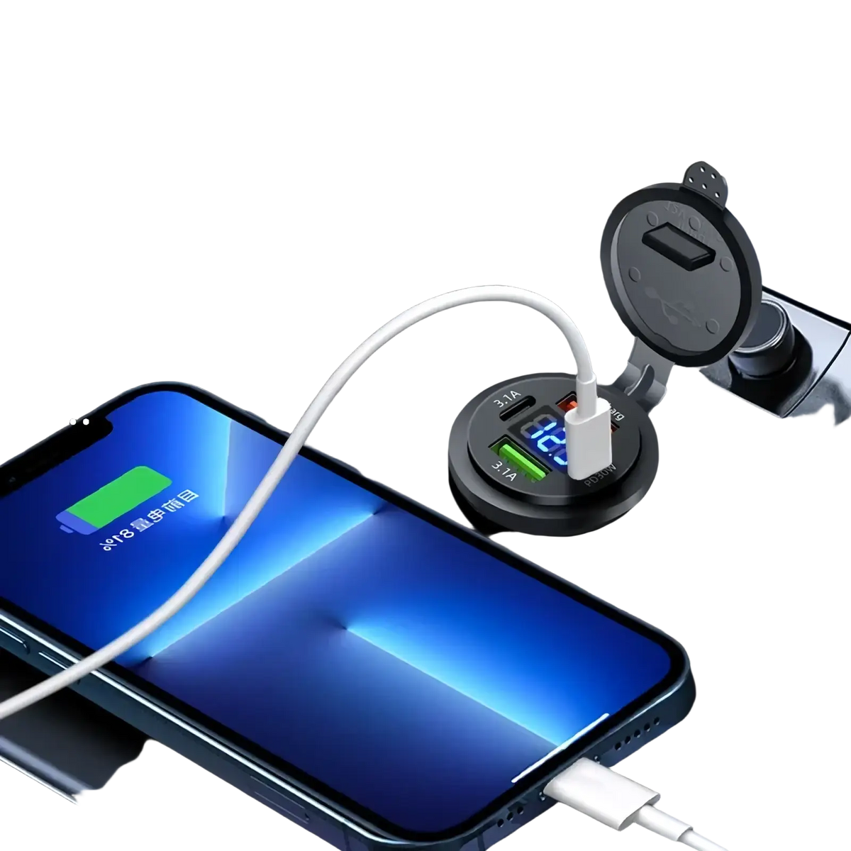 Black circular 96w 4-port usb car charger socket with voltmeter digital display and pd30w fast charging capability