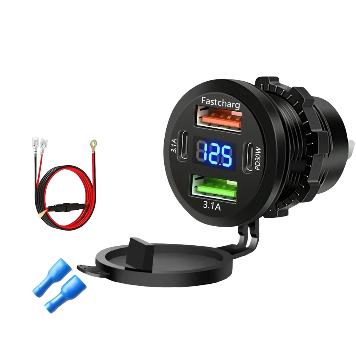 Black 96w 4-port usb car charger socket with voltmeter featuring four usb ports and digital charge level display