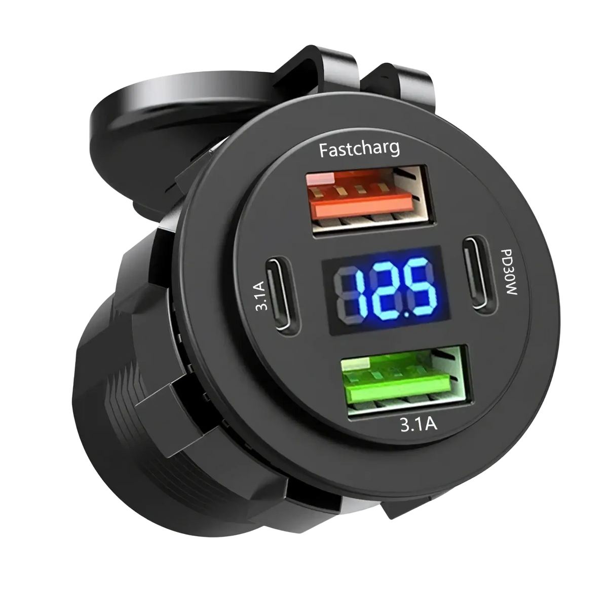 Black circular 96w 4-port usb car charger socket with digital voltmeter display showing current charge level