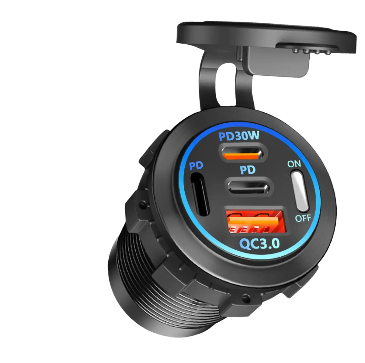 Black circular 96w 4-port usb car charger socket with pd qc3.0 fast charging and on-off switch for 12-24v operation