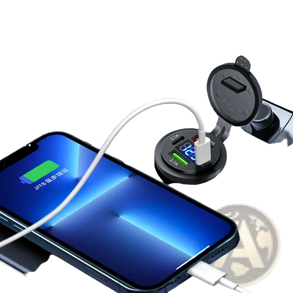 Black circular 96w 4-port usb car charger socket with voltmeter digital display and pd30w fast charging capability