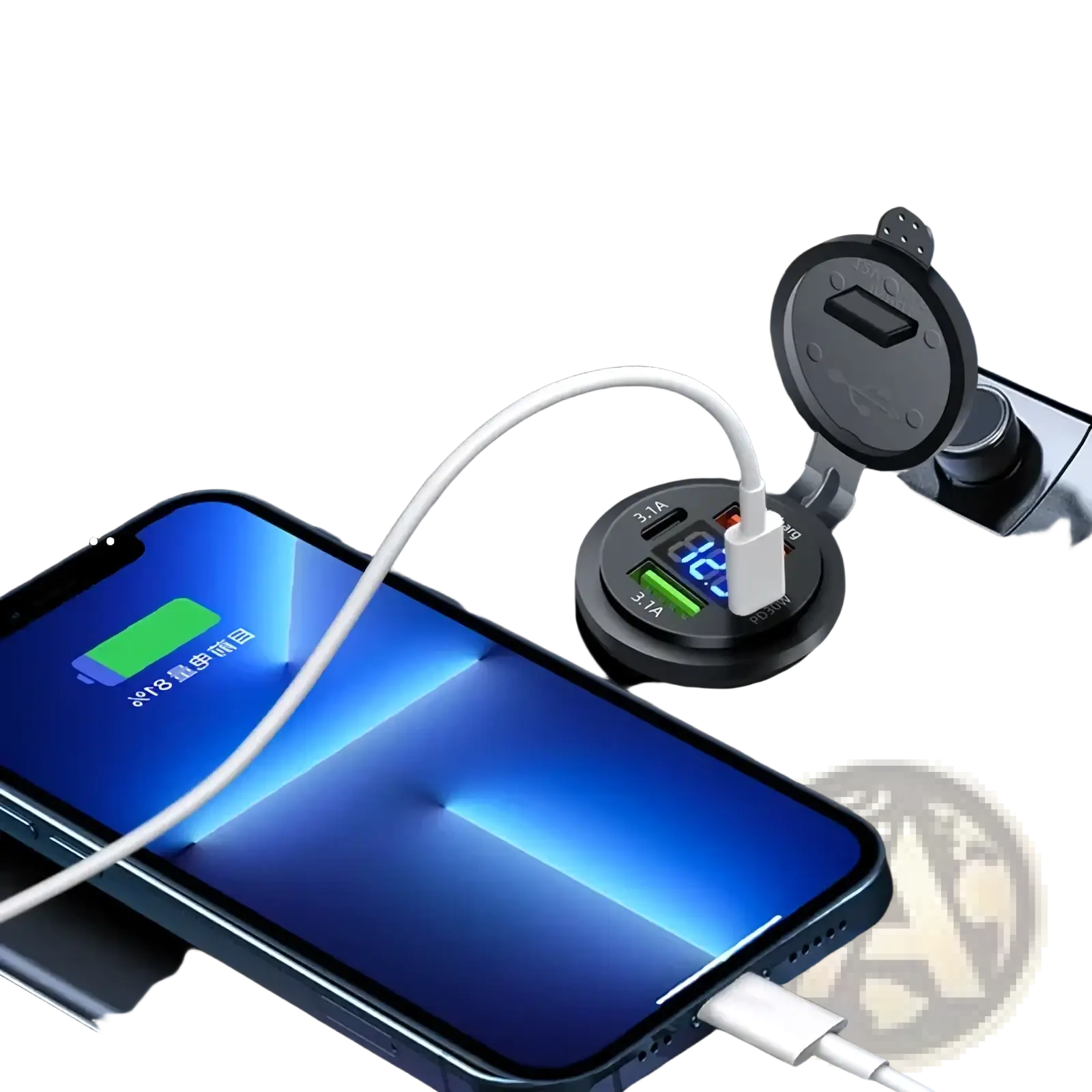 Black circular 96w 4-port usb car charger socket with voltmeter digital display and pd30w fast charging capability