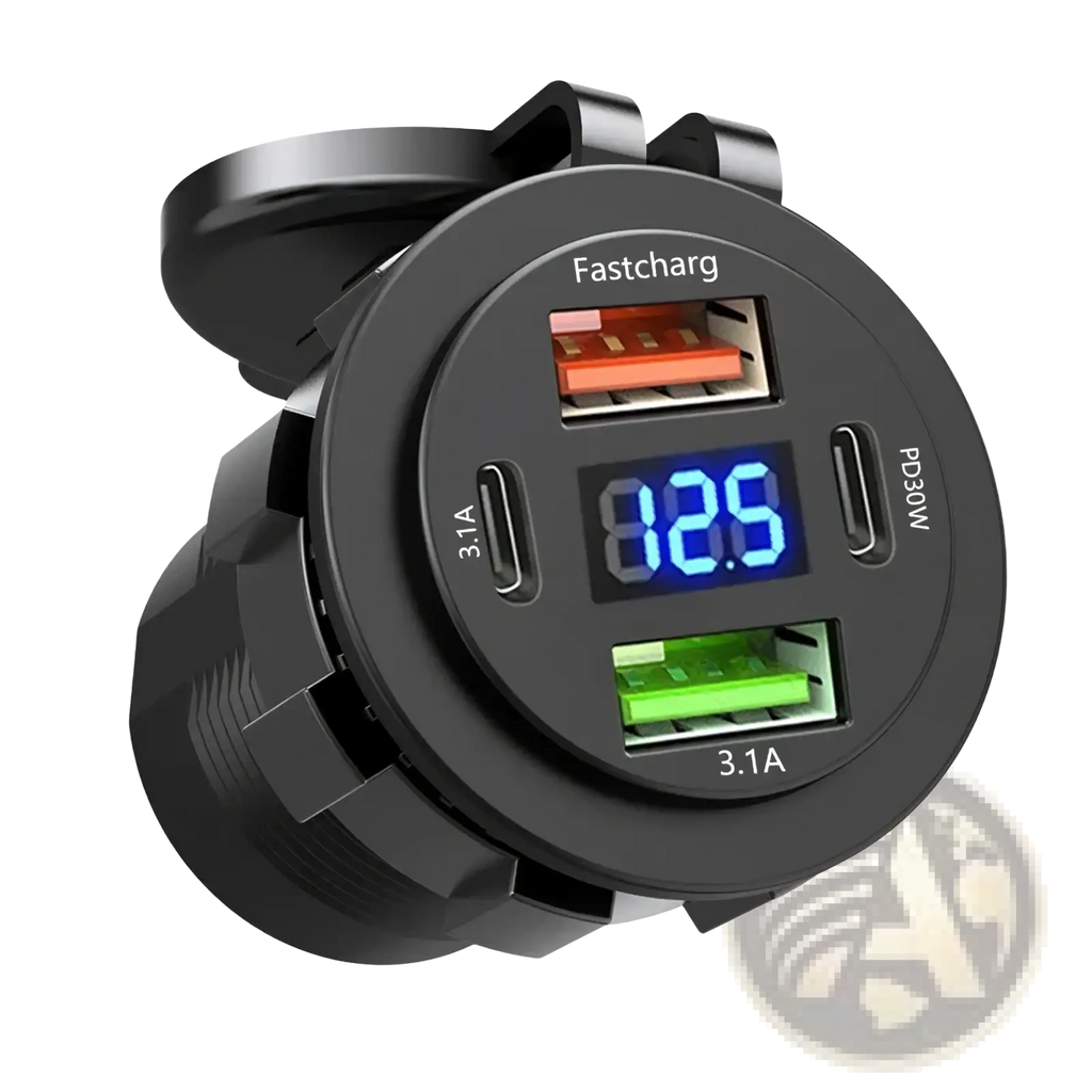 Black circular 96w 4-port usb car charger socket with digital voltmeter display showing current charge level