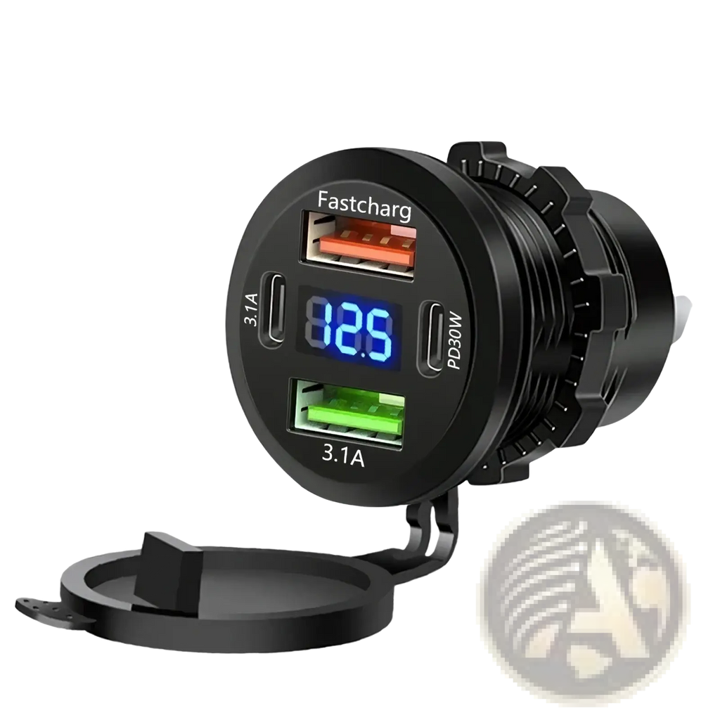 Black circular 96w 4-port usb car charger socket with voltmeter featuring fastcharge pd30w and 3.1a output ports