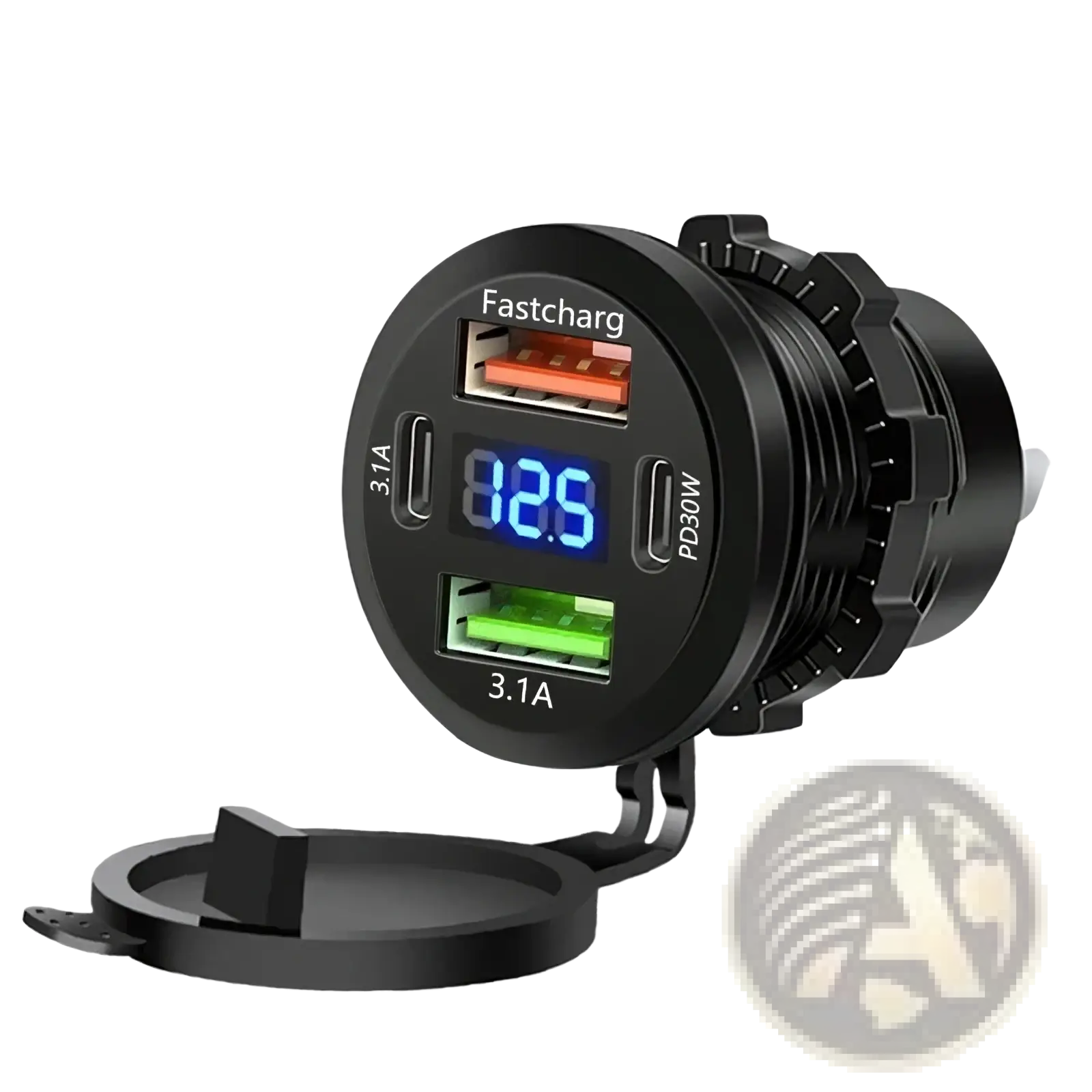 Black circular 96w 4-port usb car charger socket with voltmeter featuring fastcharge pd30w and 3.1a output ports