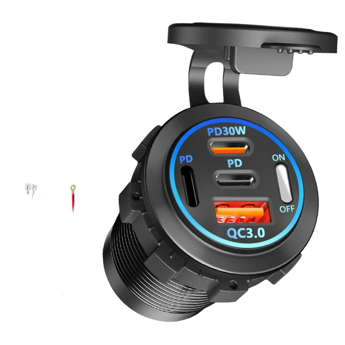 Black plastic 96w 4-port usb car charger socket with pd30w qc3.0 fast charging and on off switch for vehicles