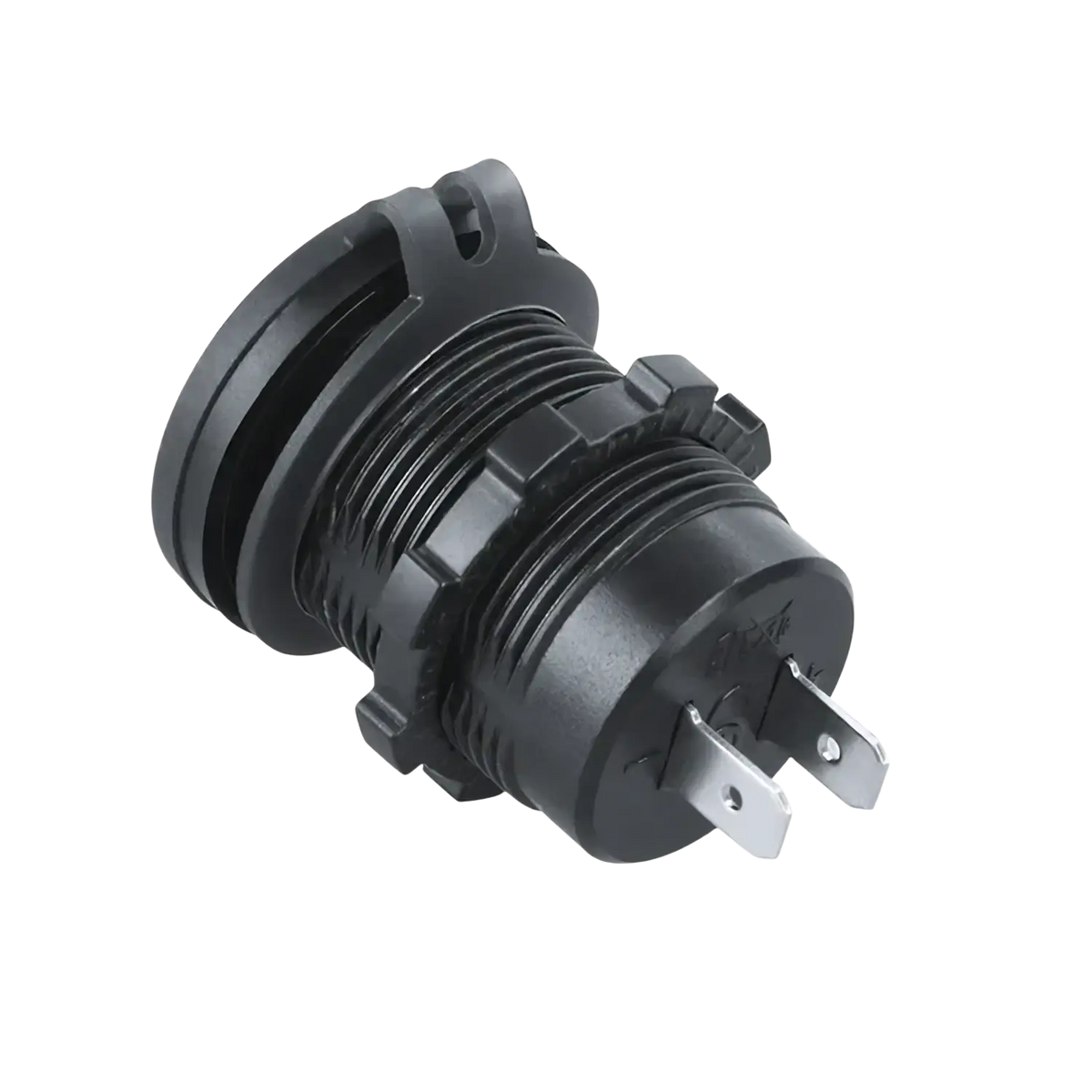Black plastic marine-grade power outlet with two metallic prongs and threaded mounting flanges for 96w 4-port usb car charger socket with voltmeter