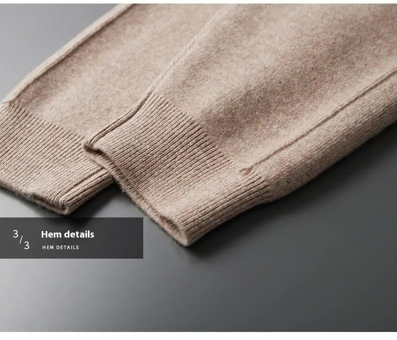 Beige knitted sweater cuffs with ribbed texture and neat hem detailing complement men’s wool harem pants high waist casual joggers.