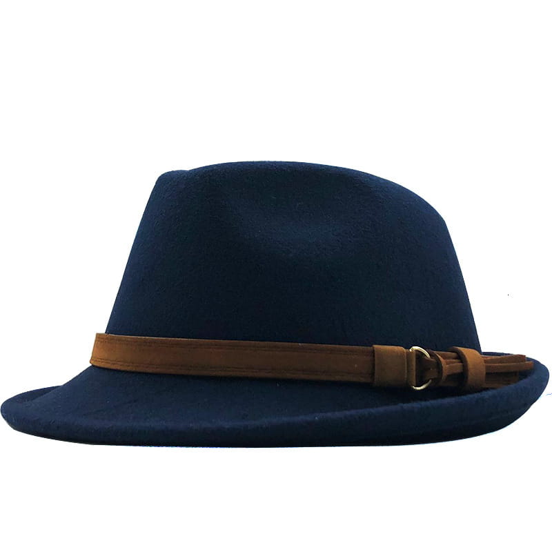 Navy blue wool fedora hat with a tan leather strap and buckle.